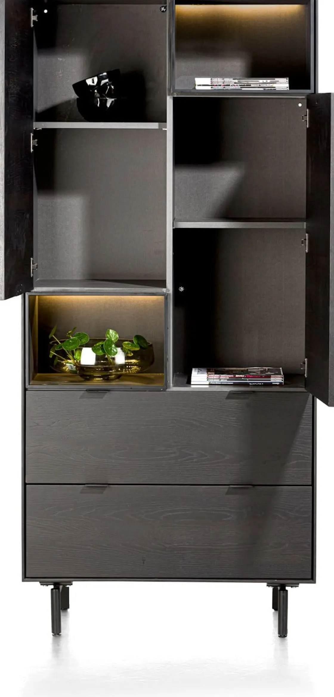 XOOON Elements, bergkast 90 cm. - 2-deuren + 2-laden + 2-niches + led incl. metalen poten - Onyx^ Bergkasten