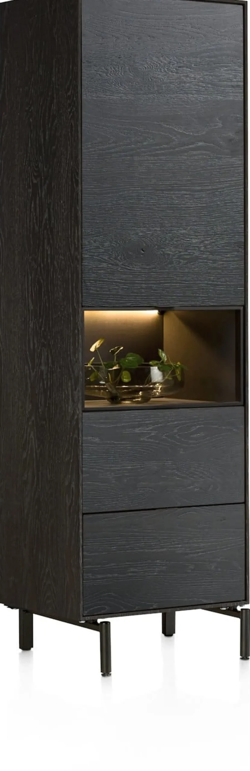 XOOON Elements, bergkast smal - 60 cm. - 1-deur + 2-laden + 1-niche + led incl. metalen poten - Onyx^ Bergkasten