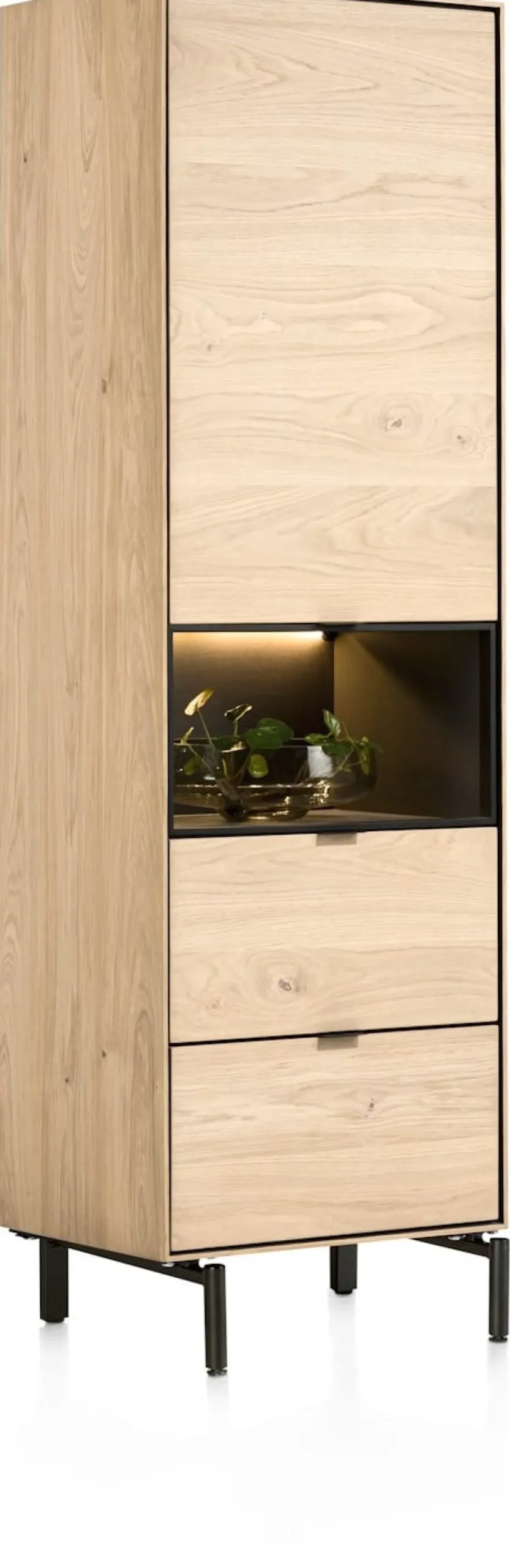 XOOON Elements, bergkast smal - 60 cm. - 1-deur + 2-laden + 1-niche + led incl. metalen poten - natural^ Bergkasten