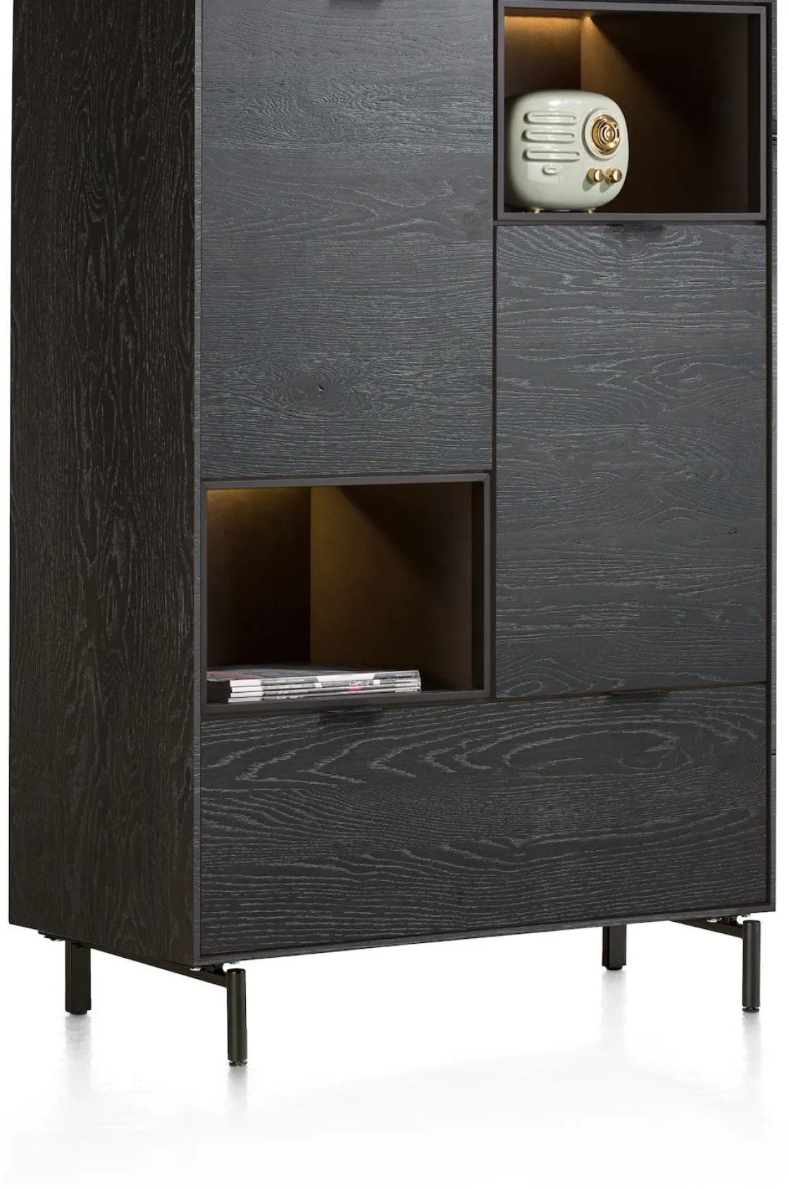 XOOON Elements, highboard 90 cm. - 2-deuren + 1-lade + 2-niches + led incl. metalen poten - Onyx^ Bergkasten