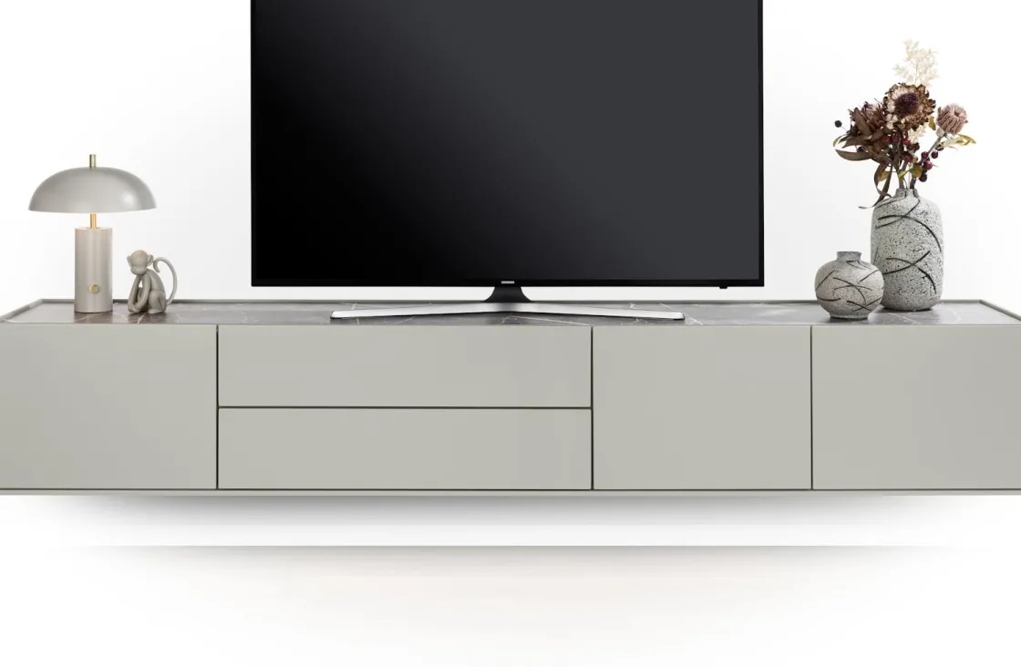XOOON Noon, lowboard 240 cm - 3-deuren + 2-laden - bovenblad in HPL light grey^ Tv-Meubelen|Dressoirs