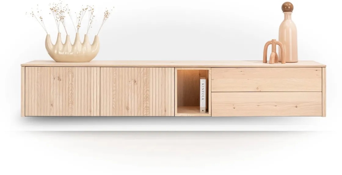 XOOON Trenton, lowboard 240 cm - 2-deuren + 2-laden + 1-niche - natural^ Dressoirs|Tv-Meubelen